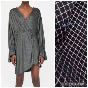 Zara Faux Wrap Oversized Long Sleeve Mini Dress Black Gold Size M
